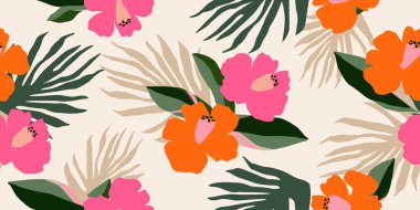 El çizimi tropikal çiçekler kumaş, tekstil, giysi, ambalaj kağıdı, kapak, afiş, iç dekorasyon, soyut arka planlar için çiçeksiz desenler. vektör illüstrasyonu.
