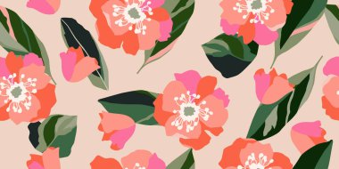 El çizimi tropikal çiçekler kumaş, tekstil, giysi, ambalaj kağıdı, kapak, afiş, iç dekorasyon, soyut arka planlar için çiçeksiz desenler. vektör illüstrasyonu.