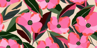 El çizimi tropikal çiçekler kumaş, tekstil, giysi, ambalaj kağıdı, kapak, afiş, iç dekorasyon, soyut arka planlar için çiçeksiz desenler. vektör illüstrasyonu.