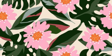 El çizimi tropikal çiçekler kumaş, tekstil, giysi, ambalaj kağıdı, kapak, afiş, iç dekorasyon, soyut arka planlar için çiçeksiz desenler. vektör illüstrasyonu.