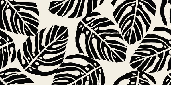 Monstera Folha Sem Costura Padrão Folhas Tropicais Desenhadas Mão Impressão — Vetor de Stock