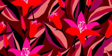 Egzotik el çizimi çiçekler kumaş, tekstil, giysi, ambalaj kağıdı, kapak, afiş, ev dekoru, soyut arka planlar için çiçeksiz desenler. vektör illüstrasyonu.