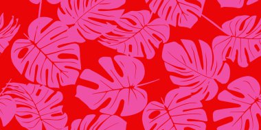 Canavar yaprağı dikişsiz desen, el yapımı botanik, bahar ve yaz zamanı, yeşil stil, tekstil, kumaş, duvar kağıdı, arka plan için doğal süsler. Vektör illüstrasyonu.