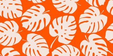 Canavar yaprağı dikişsiz desen, el yapımı botanik, bahar ve yaz zamanı, yeşil stil, tekstil, kumaş, duvar kağıdı, arka plan için doğal süsler. Vektör illüstrasyonu.