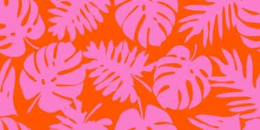 Canavar yaprağı dikişsiz desen, el yapımı botanik, bahar ve yaz zamanı, yeşil stil, tekstil, kumaş, duvar kağıdı, arka plan için doğal süsler. Vektör illüstrasyonu.