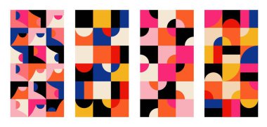 Retro geometrik model arkaplan seti. Şirket kimliği, markalaşma ve sosyal medya reklamları için modern Bauhaus tarzında yaratıcı kapak ya da poster konsepti. Vektör illüstrasyonu.