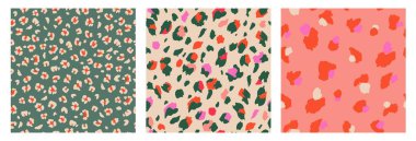 Soyut Leopar Derisi Kusursuz Örnekler. Hayvan izi. Arka plan, tekstil, afiş, kapak, duvar kağıdı için geometrik folklor süsü. Vektör illüstrasyonu.