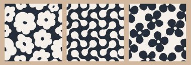 Çiçeksiz arka plan seti. Minimalist soyut çiçek deseni. Siyah beyaz arka planda modern baskı. Tekstil tasarımı, duvar kağıdı, kapaklar, kartlar, davetiyeler ve posterler için ideal.