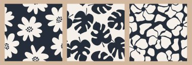 Çiçeksiz arka plan seti. Minimalist soyut çiçek deseni. Siyah beyaz arka planda modern baskı. Tekstil tasarımı, duvar kağıdı, kapaklar, kartlar, davetiyeler ve posterler için ideal.