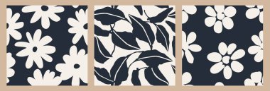 Çiçeksiz arka plan seti. Minimalist soyut çiçek deseni. Siyah beyaz arka planda modern baskı. Tekstil tasarımı, duvar kağıdı, kapaklar, kartlar, davetiyeler ve posterler için ideal.