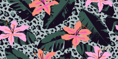 Egzotik el çizimleri çiçek desenleri, kumaş, tekstil, giysi, poster, kapak, pankart, duvar sanatı, ev dekorasyonu, soyut arka planlar için çiçek ve leopar desenleri.