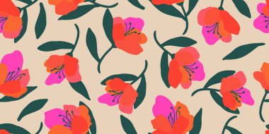 Egzotik el çizimi çiçekler, kumaş, tekstil, giysi, ambalaj kağıdı, kapak, afiş, ev dekorasyonu, soyut arka planlar için çiçeksiz desenler..