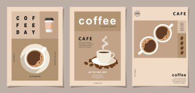 Davetiyeler, kartlar, afişler, afişler, kapak, kafe menüsü veya başka bir şablon tasarımı için arka planda kahve çekirdekleri olan afişler. vektör illüstrasyonu.