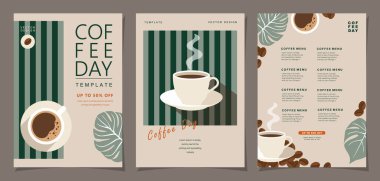 Kahve çekirdekli afişler ve davetiyeler, kartlar, afişler, afişler, kapak, kafe menüsü veya başka bir şablon tasarımı için arka planda asgari düzeyde yapraklar. vektör illüstrasyonu.