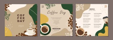 Kahve çekirdekli afişler ve davetiyeler, kartlar, afişler, afişler, kapak, kafe menüsü veya başka bir şablon tasarımı için arka planda asgari düzeyde yapraklar. vektör illüstrasyonu.