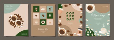 Kahve çekirdekli afişler ve davetiyeler, kartlar, afişler, afişler, kapak, kafe menüsü veya başka bir şablon tasarımı için arka planda asgari düzeyde yapraklar. vektör illüstrasyonu.