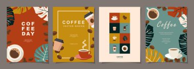 Kahve çekirdekli afişler ve davetiyeler, kartlar, afişler, afişler, kapak, kafe menüsü veya başka bir şablon tasarımı için arka planda asgari düzeyde yapraklar. vektör illüstrasyonu.
