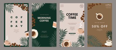 Davetiyeler, sosyal medya, kartlar, afişler, broşürler, posterler, kapaklar, kafe menüsü veya başka bir tasarım için kahve fincanı içeren minimal arka plan şablonları. Vektör illüstrasyonu.