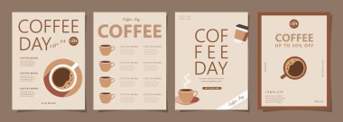 Davetiyeler, sosyal medya, satış promosyonu, kartlar, afişler, broşürler, posterler, kapak, kafe menüsü veya başka bir tasarım için kahve fincanı içeren minimal arka plan şablonları. Vektör illüstrasyonu.