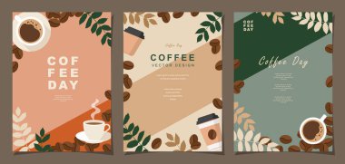 Davetiyeler, sosyal medya, satış promosyonu, kartlar, afişler, broşürler, posterler, kapak, kafe menüsü veya başka bir tasarım için kahve fincanı içeren minimal arka plan şablonları. Vektör illüstrasyonu.