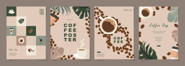 Davetiyeler, sosyal medya, satış promosyonu, kartlar, afişler, broşürler, posterler, kapak, kafe menüsü veya başka bir tasarım için kahve fincanı içeren minimal arka plan şablonları. Vektör illüstrasyonu.