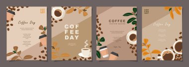 Davetiyeler, sosyal medya, satış promosyonu, kartlar, afişler, broşürler, posterler, kapak, kafe menüsü veya başka bir tasarım için kahve fincanı içeren minimal arka plan şablonları. Vektör illüstrasyonu.