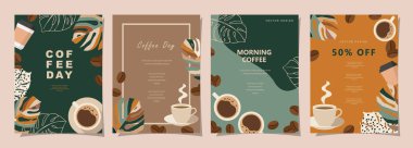 Davetiyeler, sosyal medya, satış promosyonu, kartlar, afişler, broşürler, posterler, kapak, kafe menüsü veya başka bir tasarım için kahve fincanı içeren minimal arka plan şablonları. Vektör illüstrasyonu.