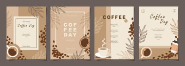 Davetiyeler, sosyal medya, satış promosyonu, kartlar, afişler, broşürler, posterler, kapak, kafe menüsü veya başka bir tasarım için kahve fincanı içeren minimal arka plan şablonları. Vektör illüstrasyonu.