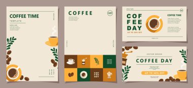 Davetiyeler, kartlar, afişler, sosyal medya, satış promosyonu, broşür, poster, kapak, kafe menüsü veya başka bir tasarım için kahve fincanı içeren minimal arka plan şablonları. Vektör illüstrasyonu.