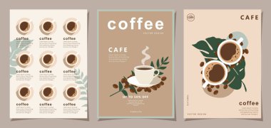 Davetiyeler, kartlar, afişler, sosyal medya, satış promosyonu, broşür, poster, kapak, kafe menüsü veya başka bir tasarım için kahve fincanı içeren minimal arka plan şablonları. Vektör illüstrasyonu.