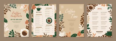 Davetiyeler, kartlar, afişler, sosyal medya, satış promosyonu, broşür, poster, kapak, kafe menüsü veya başka bir tasarım için kahve fincanı içeren minimal arka plan şablonları. Vektör illüstrasyonu.
