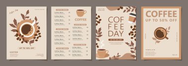 Davetiyeler, kartlar, afişler, sosyal medya, satış promosyonu, broşür, poster, kapak, kafe menüsü veya başka bir tasarım için kahve fincanı içeren minimal arka plan şablonları. Vektör illüstrasyonu.
