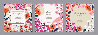 Poster, kart, kapak, etiket, satış promosyonu, sosyal medya için çiçek şablonu. Renkli çiçek ve bitkilerle modern minimalist tarzda pankart ve yaz tasarım şablonları. Vektör illüstrasyonları.