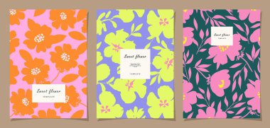 Poster, kart, kapak, etiket, satış promosyonu, fon dekorasyonu, duvar sanatı için çiçek şablonu seti. Modern minimalist tarzda pankart ve renkli çiçekler ve bitkilerle basit yaz tasarım şablonları. Vektör illüstrasyonları.