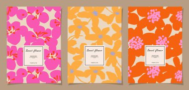 Poster, kart, kapak, etiket, satış promosyonu, fon dekorasyonu, duvar sanatı için çiçek şablonu seti. Modern minimalist tarzda pankart ve renkli çiçekler ve bitkilerle basit yaz tasarım şablonları. Vektör illüstrasyonları.