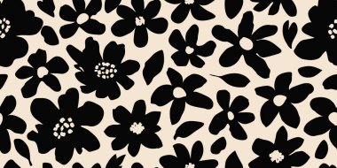 El çizimi çiçek pürüzsüz arka plan. Minimalist soyut çiçek deseni. Siyah ve beyaz renkli modern baskı. Tekstil tasarımı, duvar kağıdı, duvar resimleri, kapaklar, kartlar, davetiyeler, posterler, ambalajlar, dekorasyon için ideal. Vektör illüstrasyonları.