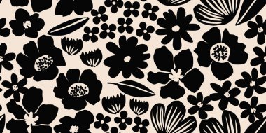El çizimi çiçek pürüzsüz arka plan. Minimalist soyut çiçek deseni. Siyah ve beyaz renkli modern baskı. Tekstil tasarımı, duvar kağıdı, duvar resimleri, kapaklar, kartlar, davetiyeler, posterler, ambalajlar, dekorasyon için ideal. Vektör illüstrasyonları.
