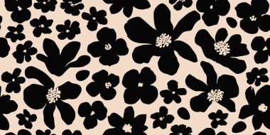 El çizimi çiçek pürüzsüz arka plan. Minimalist soyut çiçek deseni. Siyah ve beyaz renkli modern baskı. Tekstil tasarımı, duvar kağıdı, duvar resimleri, kapaklar, kartlar, davetiyeler, posterler, ambalajlar, dekorasyon için ideal. Vektör illüstrasyonları.