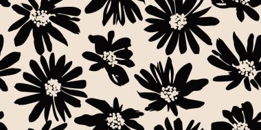 El çizimi çiçek pürüzsüz arka plan. Minimalist soyut çiçek deseni. Siyah ve beyaz renkli modern baskı. Tekstil tasarımı, duvar kağıdı, duvar resimleri, kapaklar, kartlar, davetiyeler, posterler, ambalajlar, dekorasyon için ideal. Vektör illüstrasyonları.