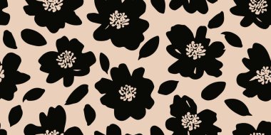 El çizimi çiçek pürüzsüz arka plan. Minimalist soyut çiçek deseni. Siyah ve beyaz renkli modern baskı. Tekstil tasarımı, duvar kağıdı, duvar resimleri, kapaklar, kartlar, davetiyeler, posterler, ambalajlar, dekorasyon için ideal. Vektör illüstrasyonları.