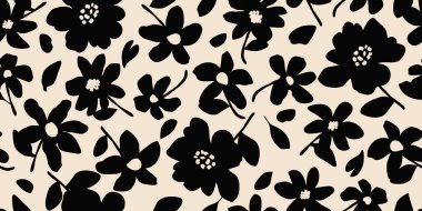 El çizimi çiçek pürüzsüz arka plan. Minimalist soyut çiçek deseni. Siyah ve beyaz renkli modern baskı. Tekstil tasarımı, duvar kağıdı, duvar resimleri, kapaklar, kartlar, davetiyeler, posterler, ambalajlar, dekorasyon için ideal. Vektör illüstrasyonları.