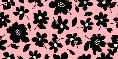 El çizimi çiçek pürüzsüz arka plan. Minimalist soyut çiçek deseni. Siyah ve pembe renkli modern baskı. Tekstil tasarımı, duvar kağıdı, duvar sanatı, ambalaj, baskı, kapaklar, kartlar, element ve posterler için idealdir. Vektör illüstrasyonları.