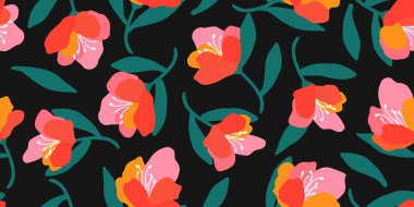 Son moda egzotik el çiçekleri pürüzsüz desen çizdi. Tekstil, kumaş, duvar kağıdı, afiş, kapaklar, poster, ambalaj, baskı, element, duvar sanatı ve ev dekorasyonu için organik şekiller. Vektör illüstrasyonu.