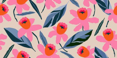 Son moda egzotik el çiçekleri pürüzsüz desen çizdi. Tekstil, kumaş, duvar kağıdı, afiş, kapaklar, poster, ambalaj, baskı, element, duvar sanatı ve ev dekorasyonu için organik şekiller. Vektör illüstrasyonu.