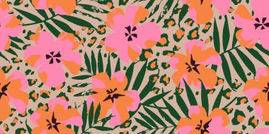Egzotik el çizimleri çiçek desenleri, çiçek ve leopar desenleri kumaş, tekstil, giysi, ambalaj, poster, kapak, afiş, duvar sanatı, ev dekorasyonu için soyut arka planlar. Hawaii tarzı, organik şekilli. Vektör illüstrasyonları. 