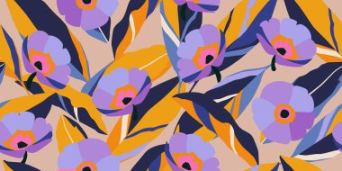 Egzotik el resimleri, kumaş, tekstil, giysi, ambalaj kağıdı, kaplama, afiş, duvar kağıdı, duvar sanatı, ev dekorasyonu için çiçeksiz desenler, soyut doğal arka planlar. Flora organik şekiller. Vektör illüstrasyonu.