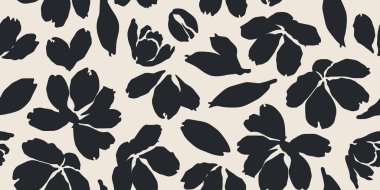 Çiçeksiz arka plan. Minimalist soyut çiçek deseni. Siyah beyaz arka planda modern baskı. Tekstil tasarımı, duvar kağıdı, kapaklar, kartlar, davetiyeler ve posterler için ideal.