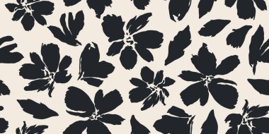 Çiçeksiz arka plan. Minimalist soyut çiçek deseni. Siyah beyaz arka planda modern baskı. Tekstil tasarımı, duvar kağıdı, kapaklar, kartlar, davetiyeler ve posterler için ideal.