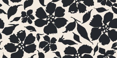 Çiçeksiz arka plan. Minimalist soyut çiçek deseni. Siyah beyaz arka planda modern baskı. Tekstil tasarımı, duvar kağıdı, kapaklar, kartlar, davetiyeler ve posterler için ideal.