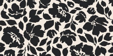 Çiçeksiz arka plan. Minimalist soyut çiçek deseni. Siyah beyaz arka planda modern baskı. Tekstil tasarımı, duvar kağıdı, kapaklar, kartlar, davetiyeler ve posterler için ideal.